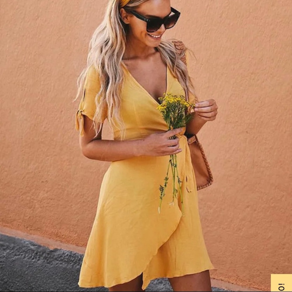 Mustard yellow Lulu’s My Philosophy wrap dress